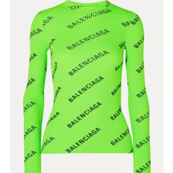 BALENCIAGA Allover Logo Ribbed-Knit Crewneck Pullover in Electric Green - Picture 2 of 6